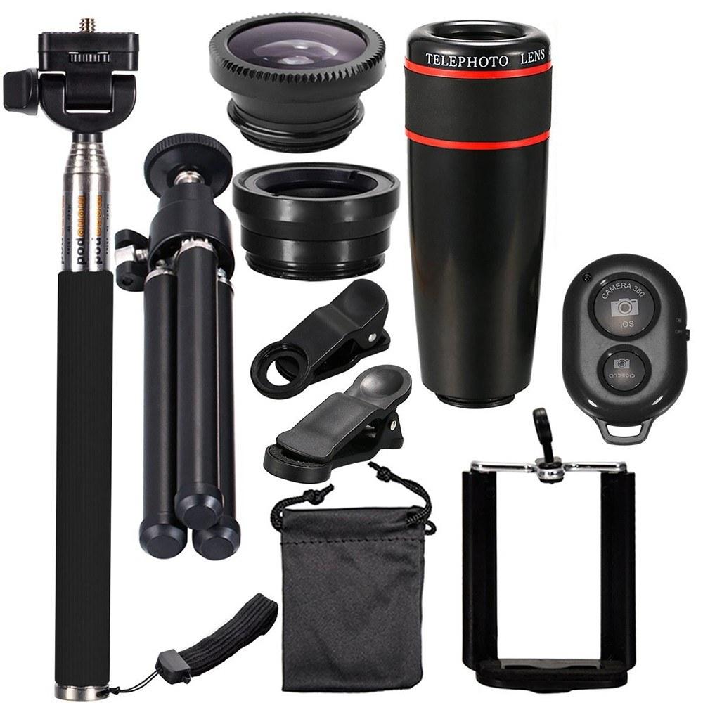 10PCS 8X Telephoto Mobile Phone Lens Universal Detachable Clip-on Lens Wide Angle + Fish Eye + Macro Lens + Selfie Stick + Tripod Black |   Other Lens Accessories Lenses & Accessories Black