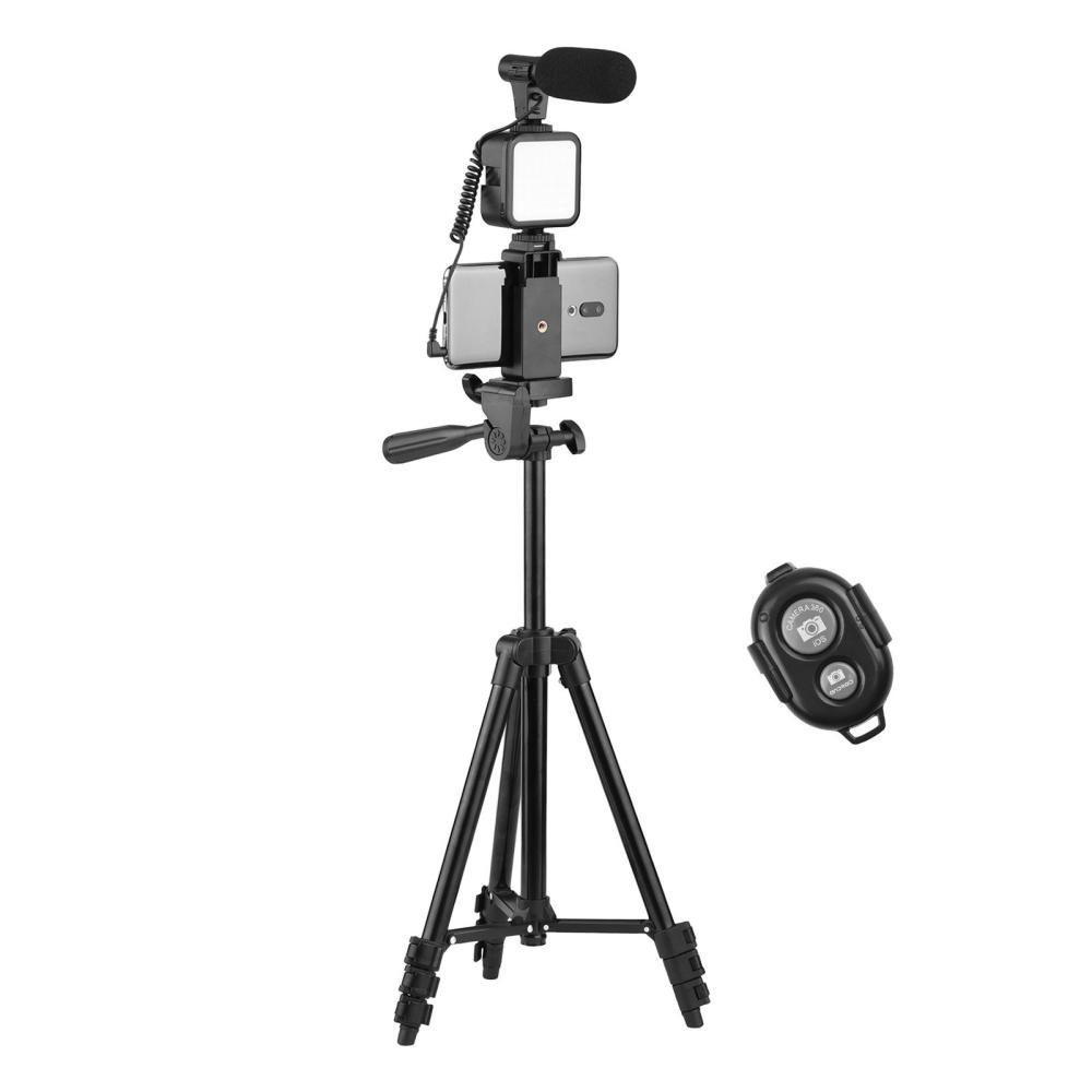 Andoer Phone Vlog Video Kit with Height Adjustable Tripod Phone Holder with Cold Shoe Microphone LED Video Light Remote Shutter Black |   Tripods Tripods Black