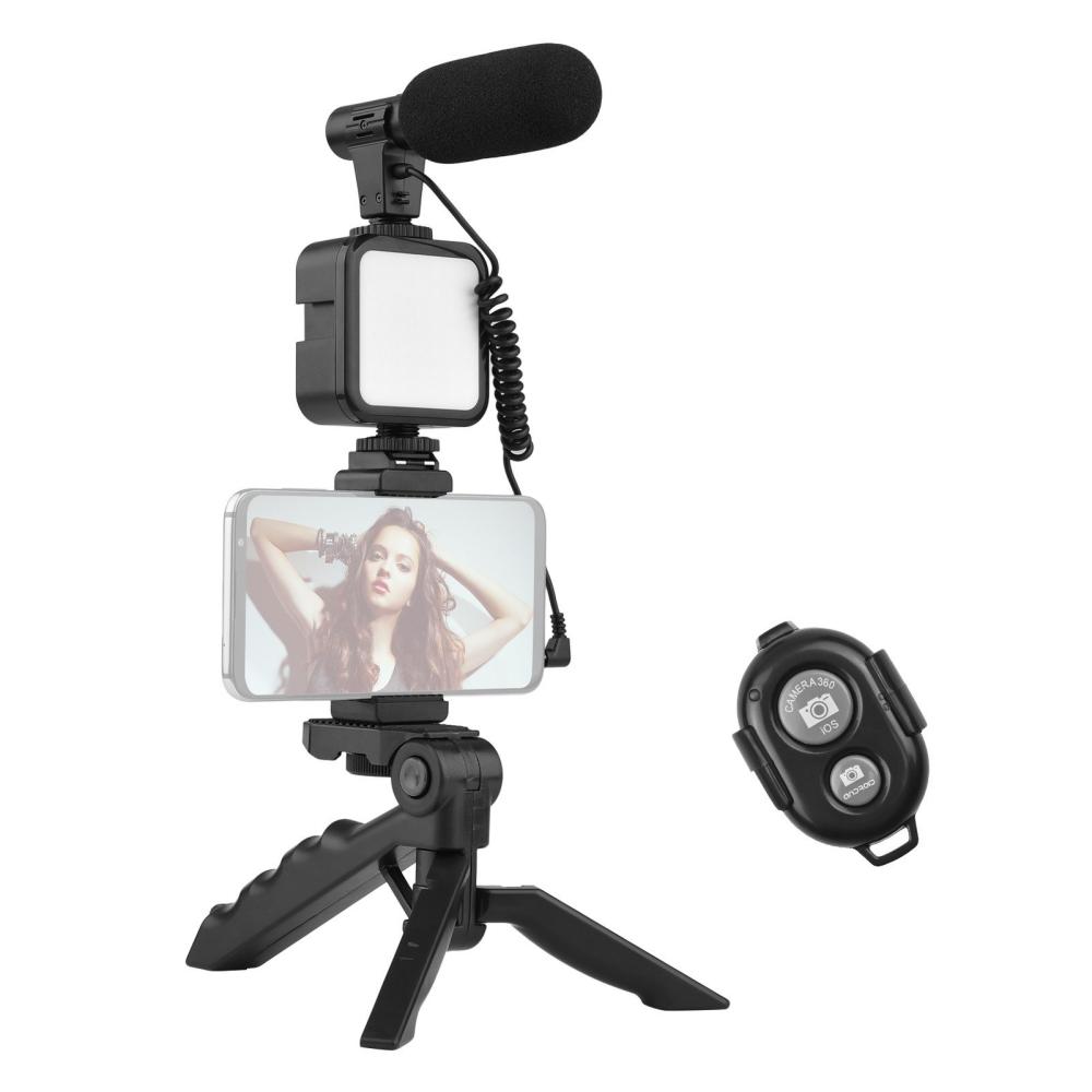 Andoer Phone Vlog Video Kit with Table Tripod Phone Holder with Cold Shoe Microphone LED Video Light Remote Shutter Black |   Tripods Tripods Black