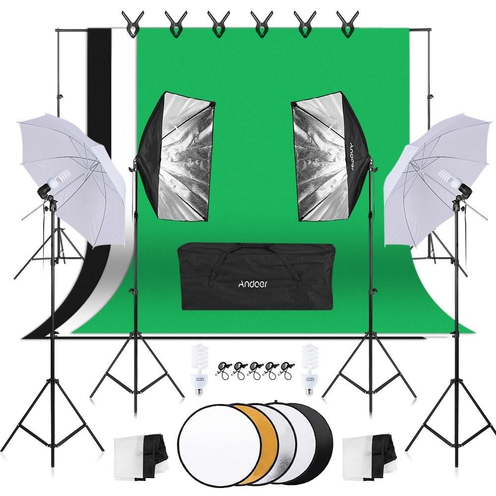 Andoer Photography Kit 1.8m*2.7m Black White Green Polyester-cotton Backdrops 6pcs  |   Studio Equipment Kit Studio Equipment Kit Studio Equipment Kit