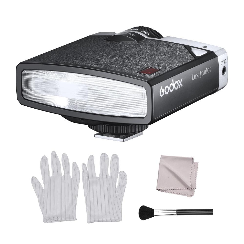 Godox Lux Junior Retro Camera Flash 1/1-1/64 Flash Power 28mm Focal Length Camera Flash + 3-in-1 Cleaning Kit with 1 Pair Anti-static Gloves 1 Lens Brush 1 Cleaning Cloth Black |   Flashes Flashes Black