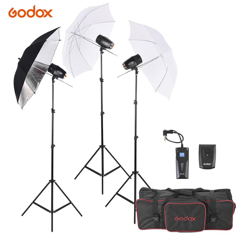 Godox M180-A Mini 3 * 180WS Studio Photo Flash Strobe Lighting Kit with (3) Flash / (3)Light Stand / (2) Soft Umbrella / (1)Relector Umbrella/ (1)RT-16 Flash Trigger / (1)Carrying Bag  |   Studio Lighting Studio Lighting Studio Lighting