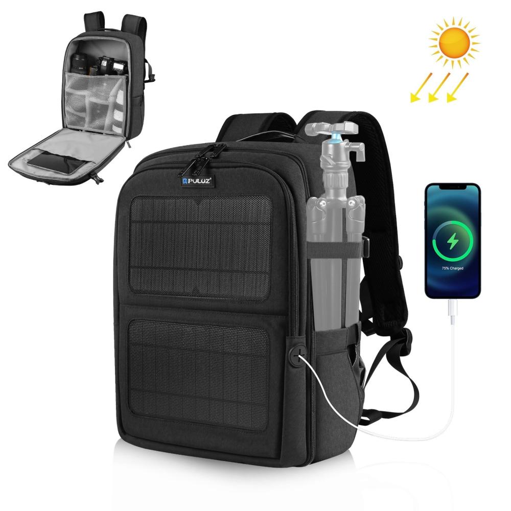 PULUZ PU5018B Multi-functional Camera Backpack with Solar Panel Water-resistant Camera Bag Black |   Bags & Cases Bags & Cases Bags & Cases