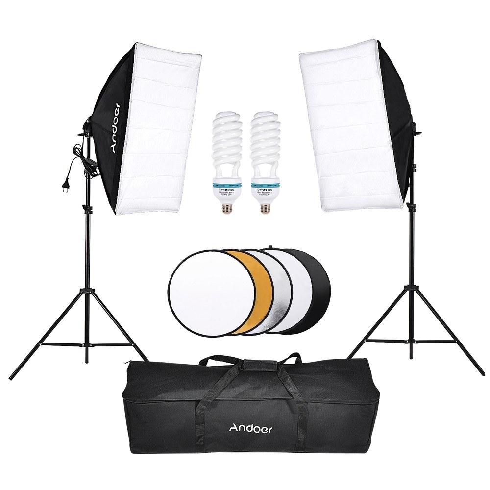 Andoer Photography Studio Softbox Lighting Tent Kit Photo Video Equipment 2 * 135W Bulb 2 * Light Stand 2 * Softbox 1 * 60cm 5in1 Photography Reflector 1 * Carrying Bag for Portrait Wedding Photography Gold, Silver, Black, White,And Translucent |   Studio Equipment Kit Studio Equipment Kit Gold, Silver, Black, White,And Translucent