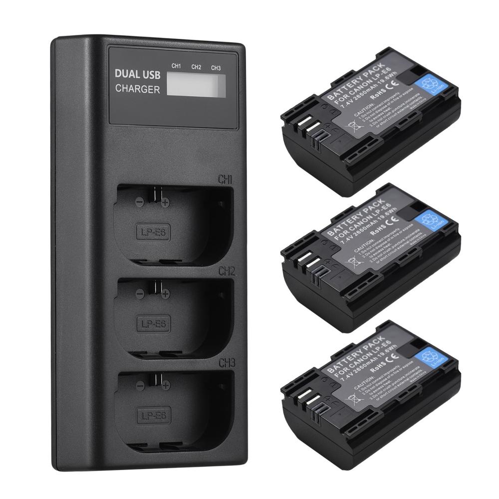 LP-E6 Battery Charger 3-Slot Charger with LED Indicators Micro USB and Type C Port + 3pcs LP-E6 Batteries 7.4V 2650mAh Black |   Batteries & Power Supplies Batteries & Power Supplies Batteries & Power Supplies